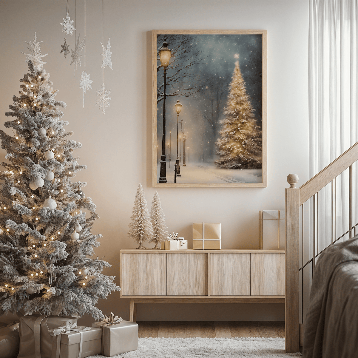 Large golden Christmas tree wall art under falling snow above a minimalist console