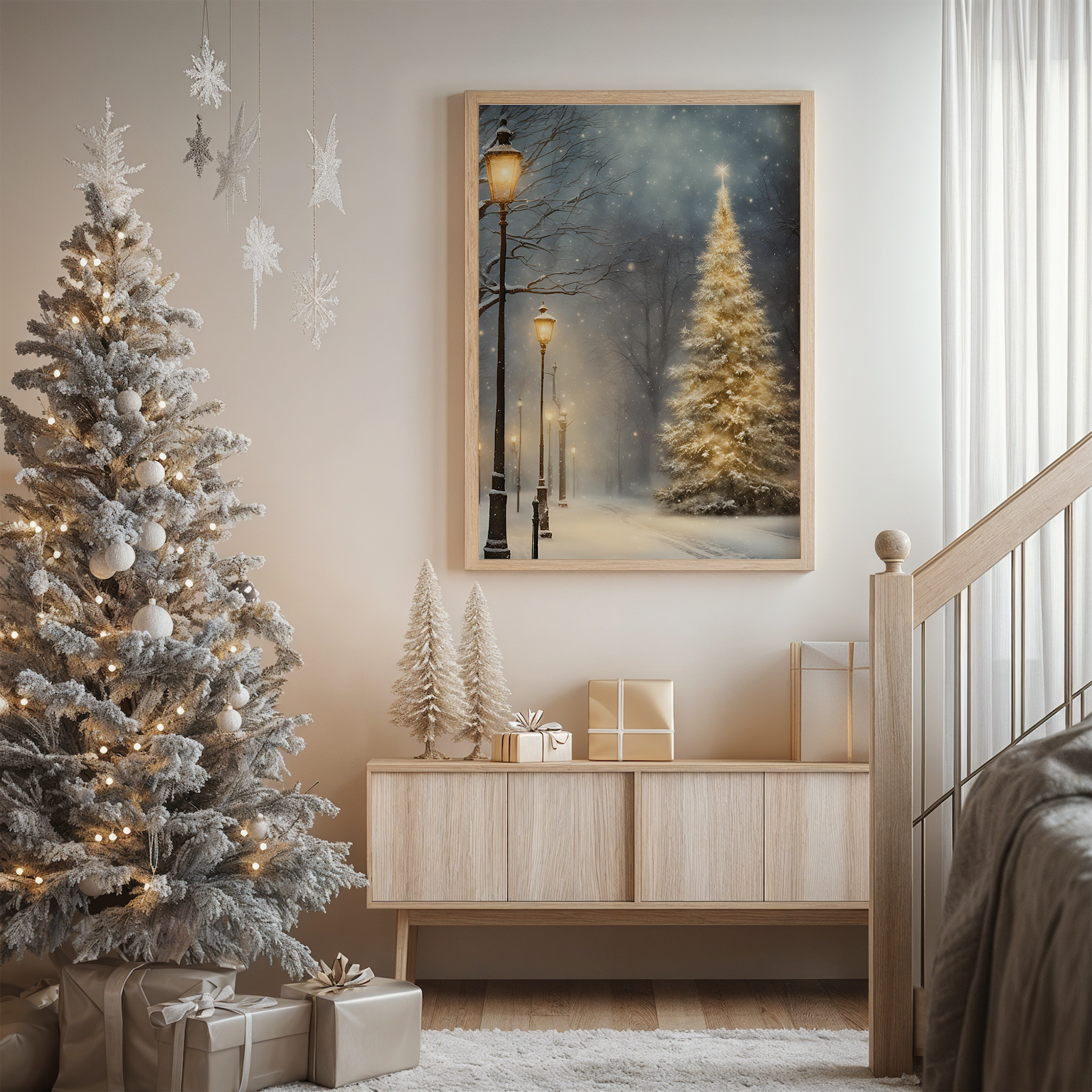 Large Christmas wall art featuring a luminous evergreen tree under falling snow, displayed above a minimalist console with soft neutral holiday décor. Ralph Lauren Christmas holiday wall decor