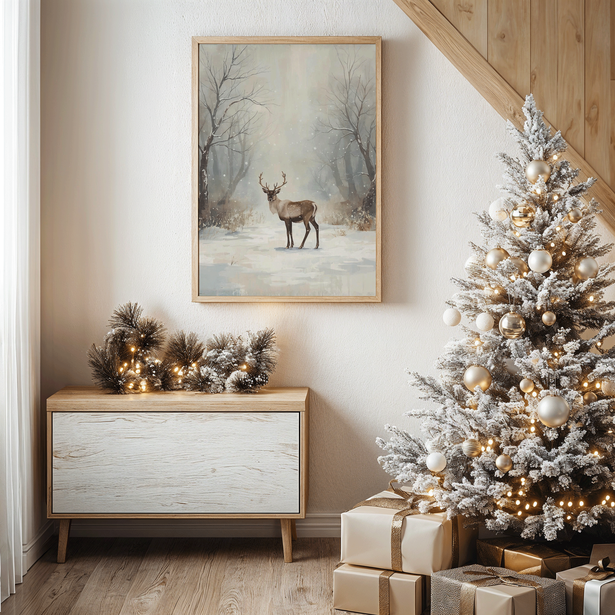 Snowy deer artwork hanging beside a flocked Christmas tree decorated with gold and pearl ornaments, soft white lights, and natural wood furniture — capturing a cozy winter living room setting with serene woodland atmosphere.