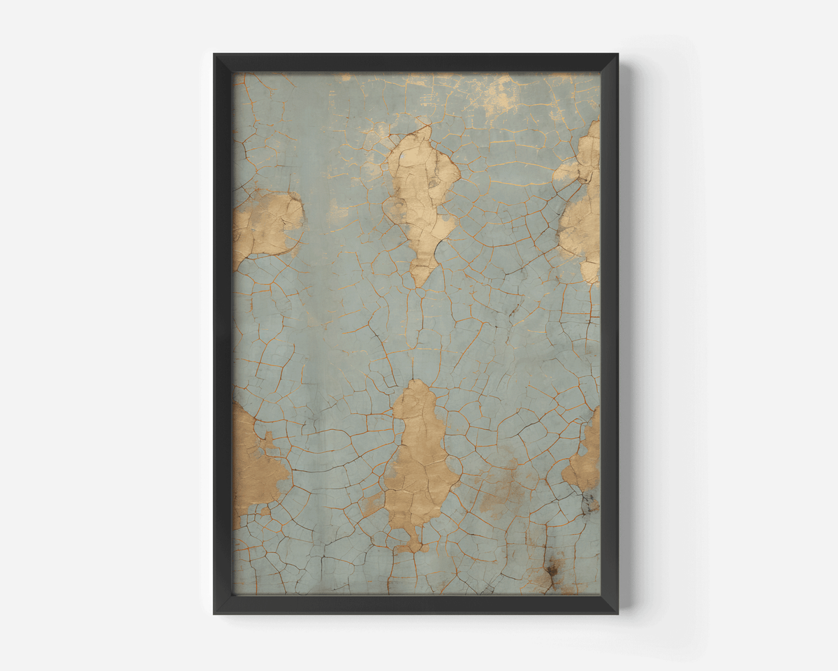 Cracked blue and gold print in a black frame, an aged patina design