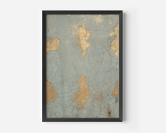 Cracked blue and gold print in a black frame, an aged patina design