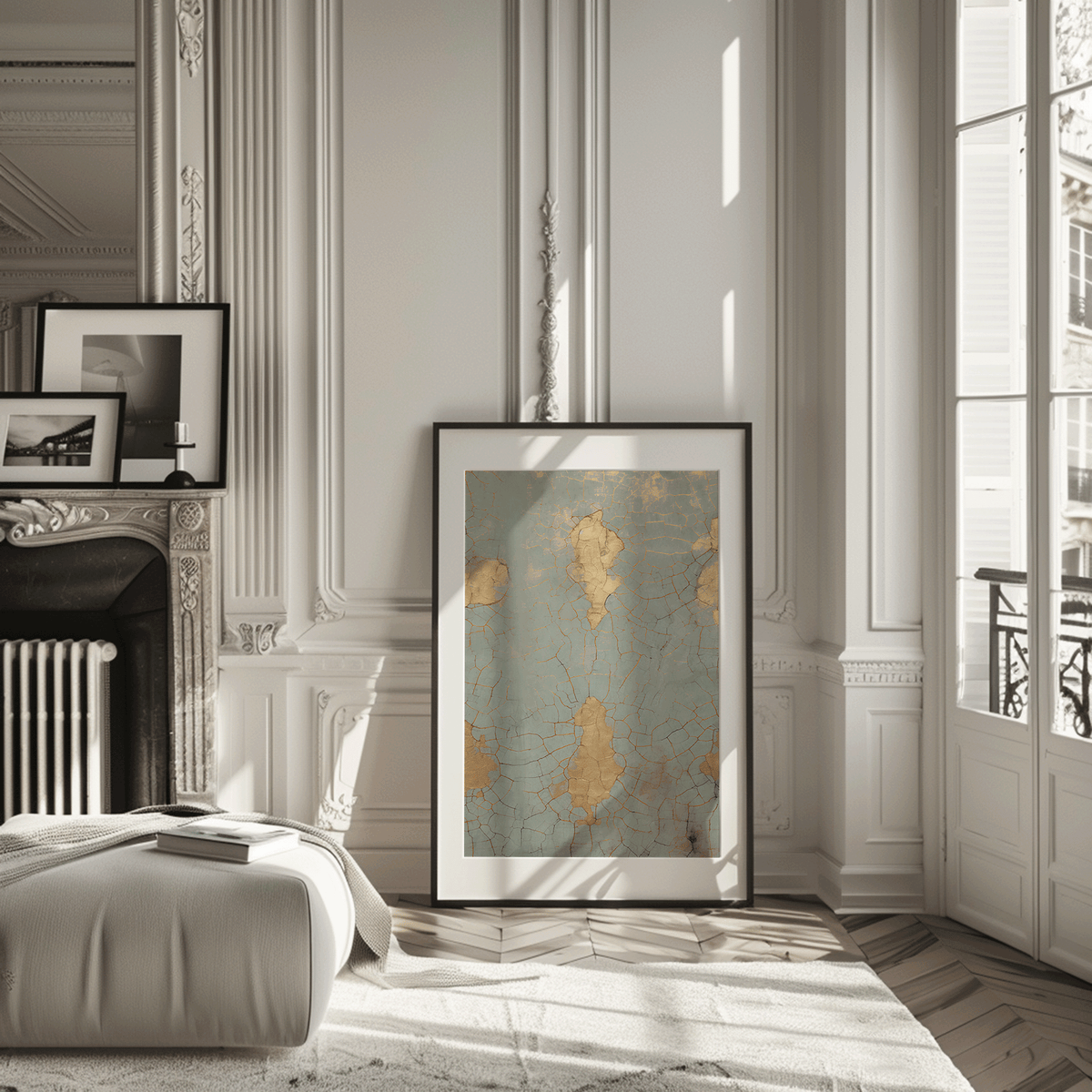 Cracked blue and gold print leaning beside a fireplace in a classic grey room