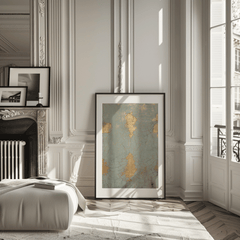Cracked blue and gold print leaning beside a fireplace in a classic grey room
