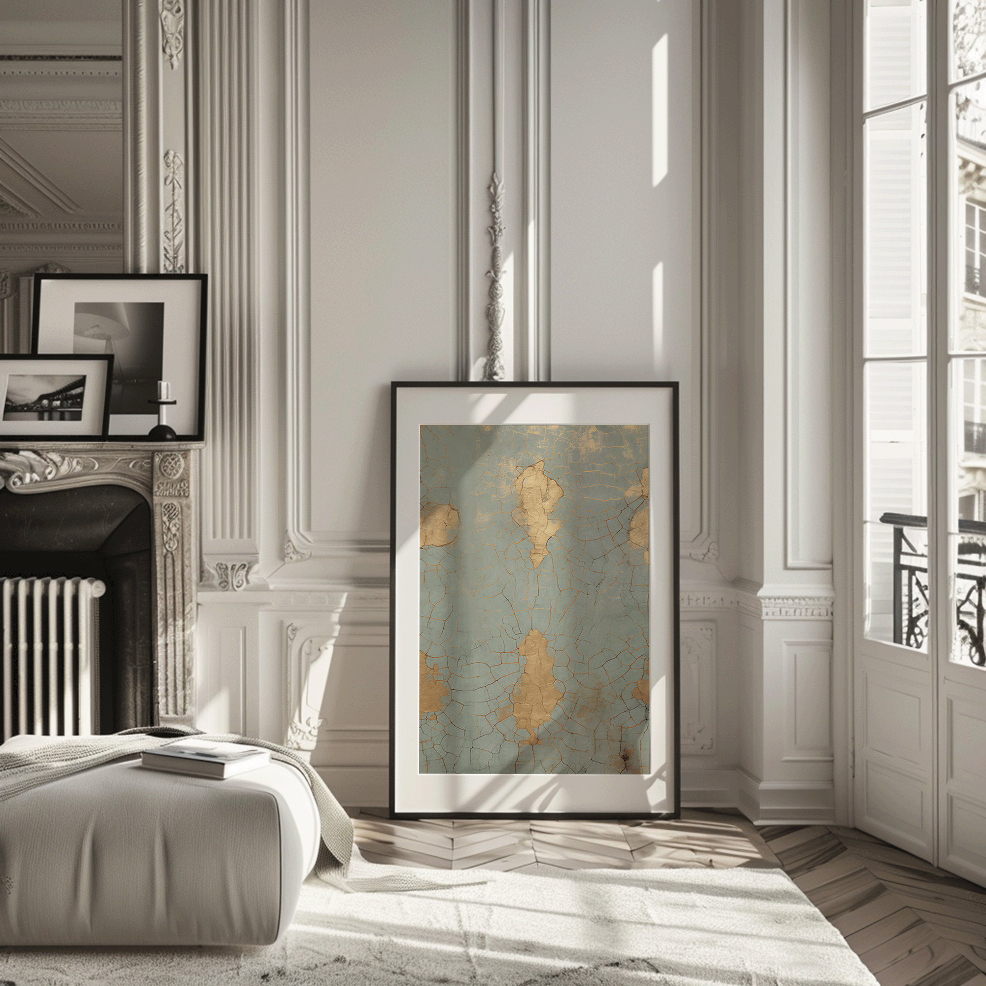 Cracked Blue & Gold Wall Art Print | Vintage Abstract Design - Buy Wall Art