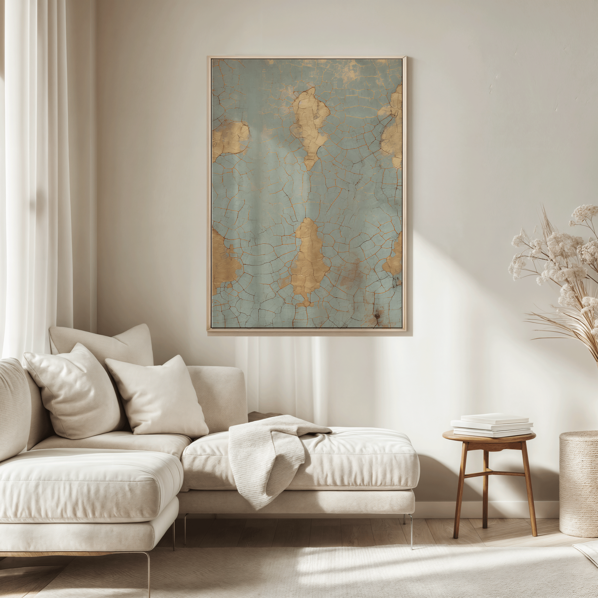 Cracked Blue & Gold Wall Art Print | Vintage Abstract Design - Buy Wall Art