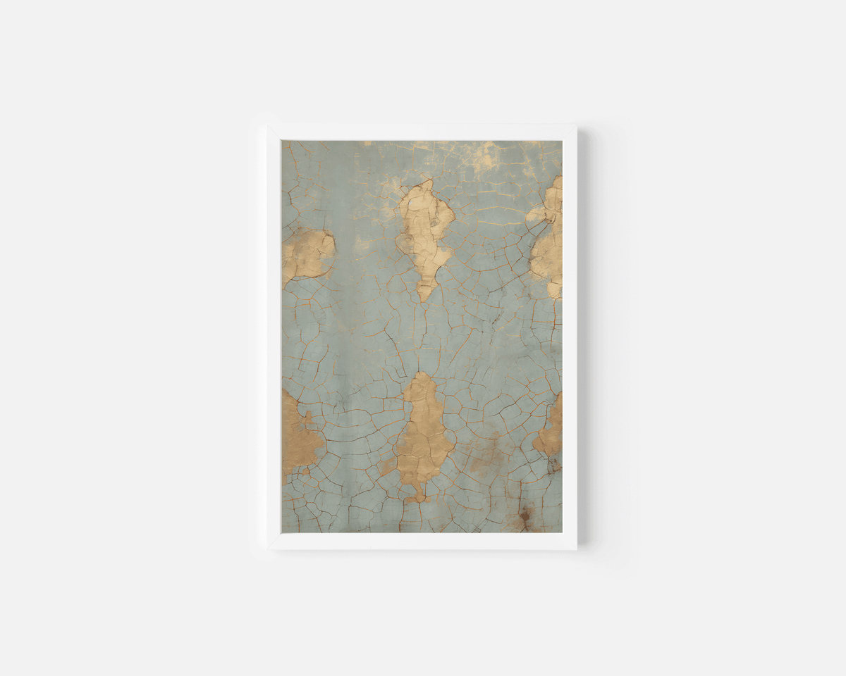 Small framed cracked blue and gold print on a white background