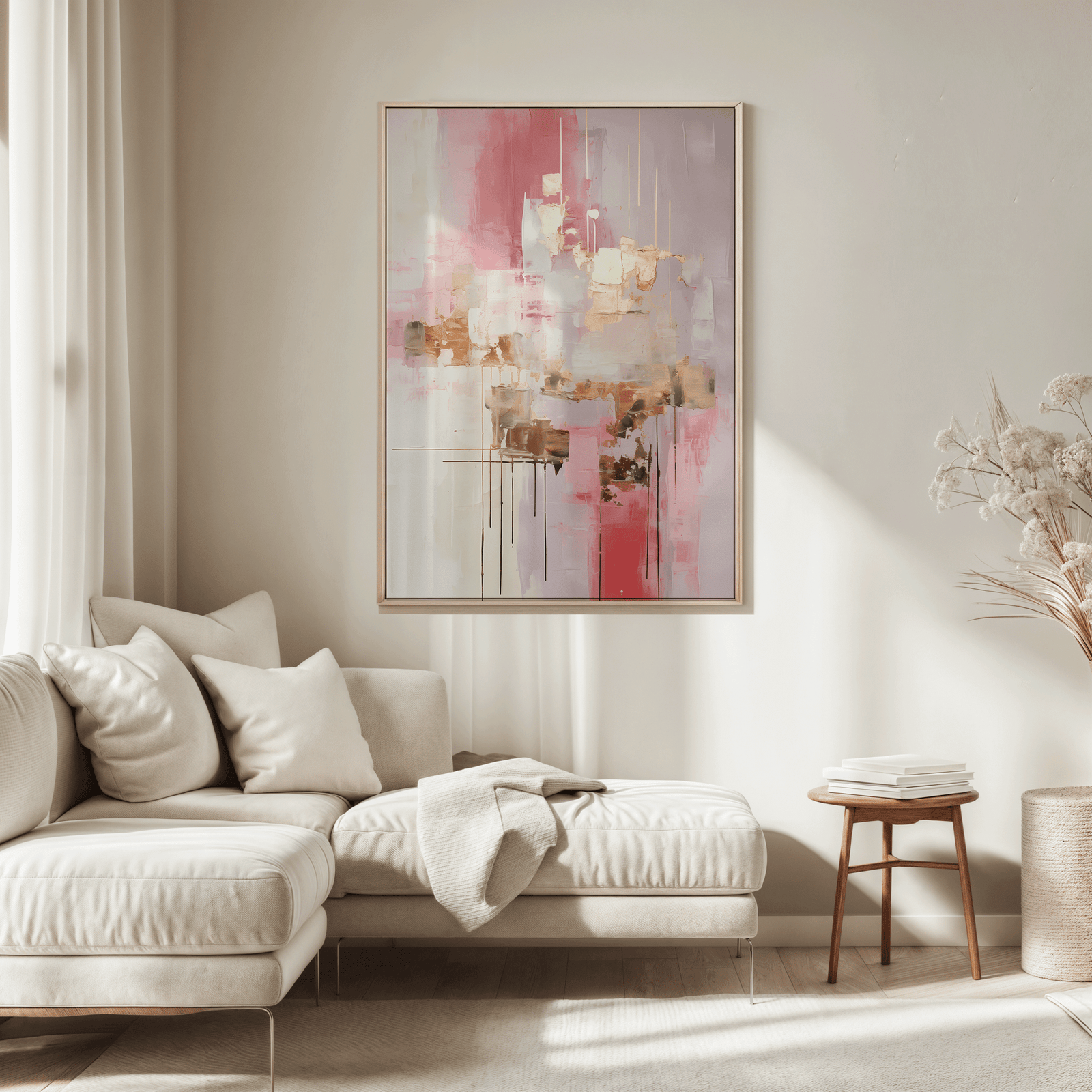 A creamy white, blush pink, and gold metallic accents framed abstract wall art above a cream sofa sectional in a neutral, modern living room.