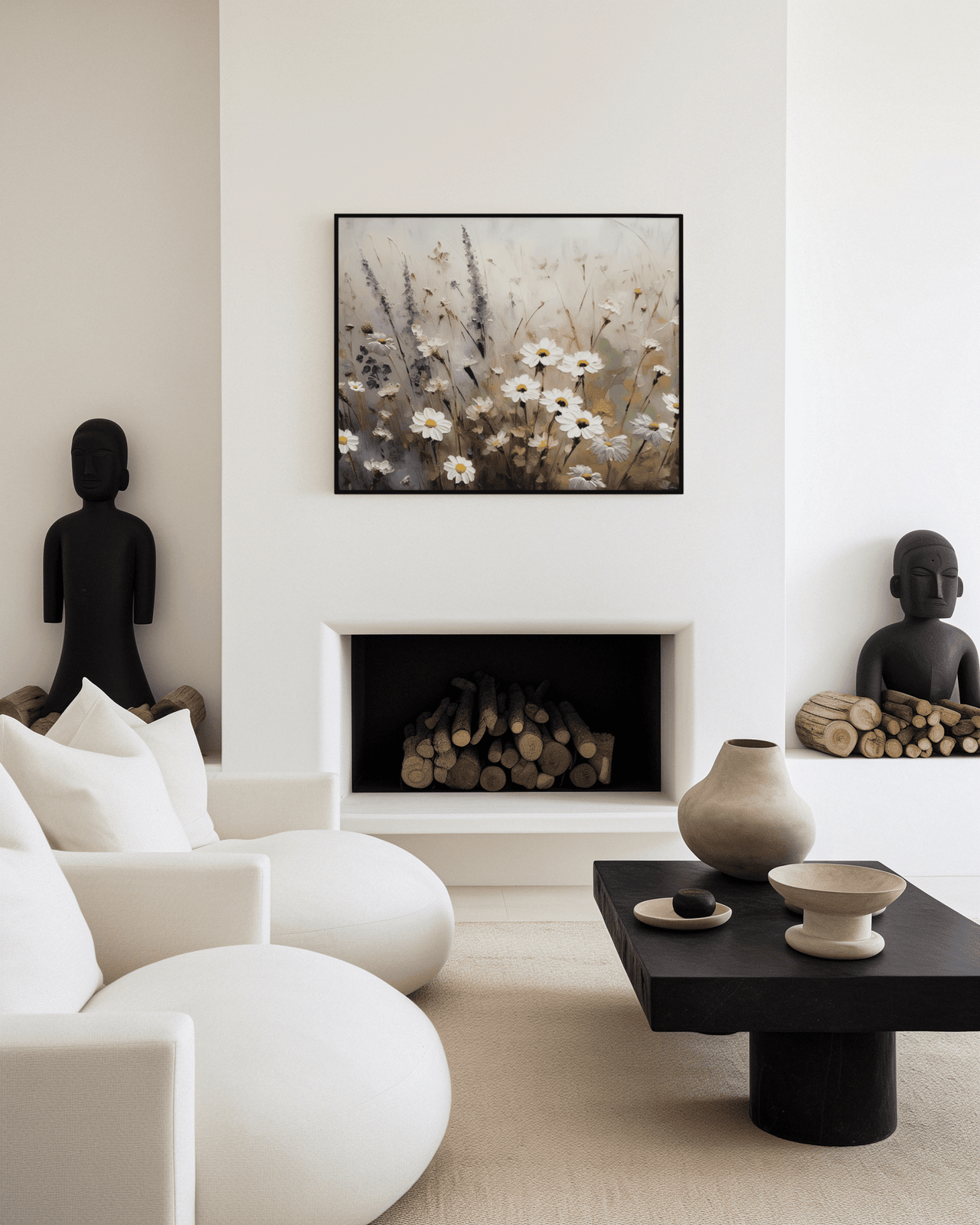 Daisy and lavender wildflower canvas or framed print styled in a minimalist, modern living room above a white fireplace, ready to hang.