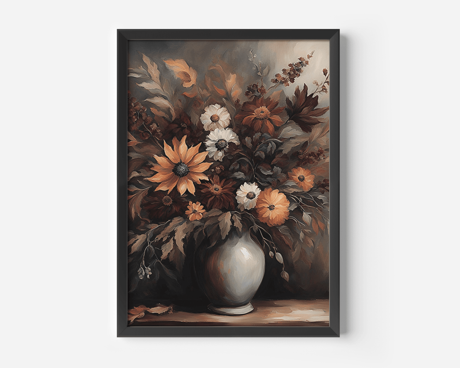 Dark floral still life wall art with rust and cream flowers in an antique vase in a black frame