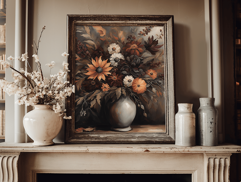 Dark floral wall art in a natural wood frame above a fireplace mantel with a vase of white flowers