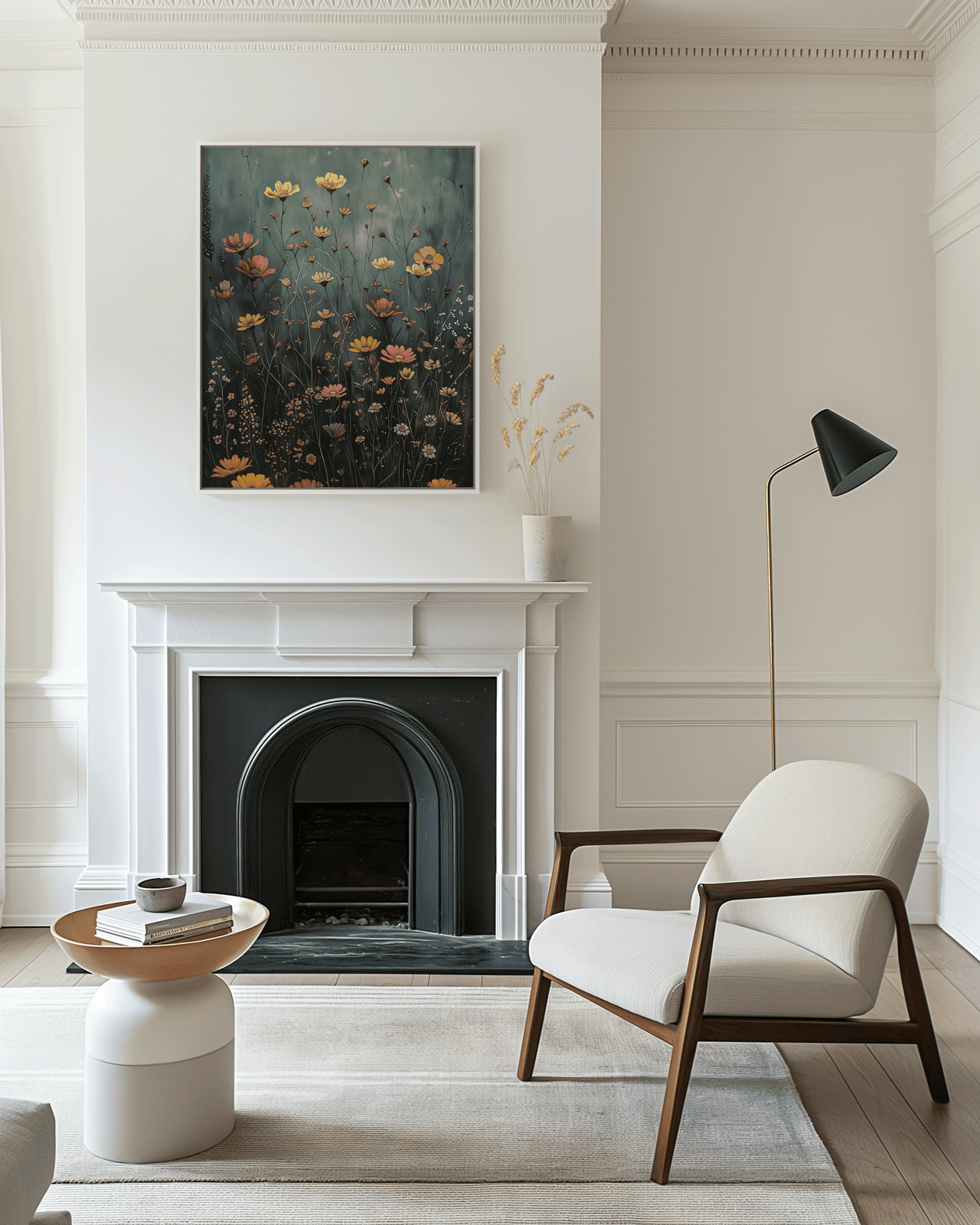 dark green botanical wildflower landscape framed wall art hanging above a white fireplace surrounded by soft neutral furniture and gold floor lamp