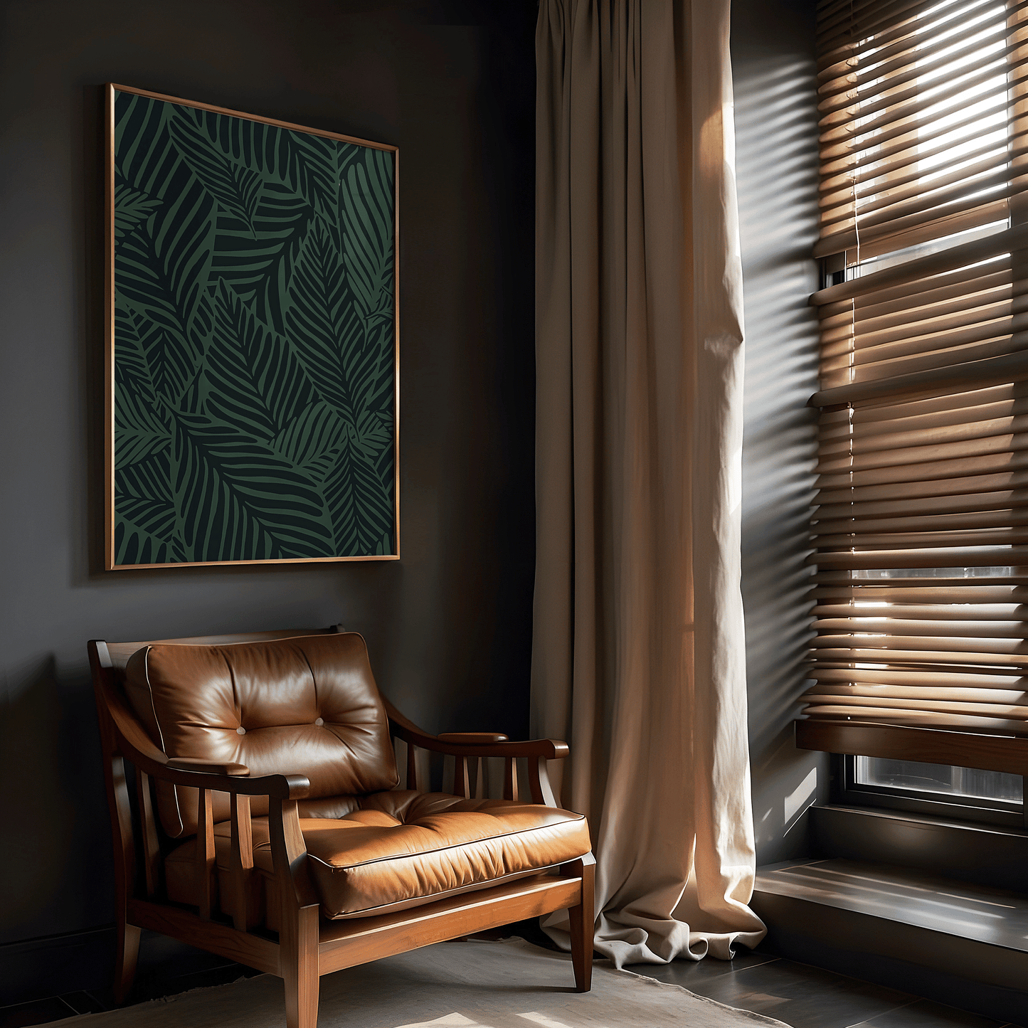 Dark green botanical palm leaf wall art in a gold frame above a cognac leather chair