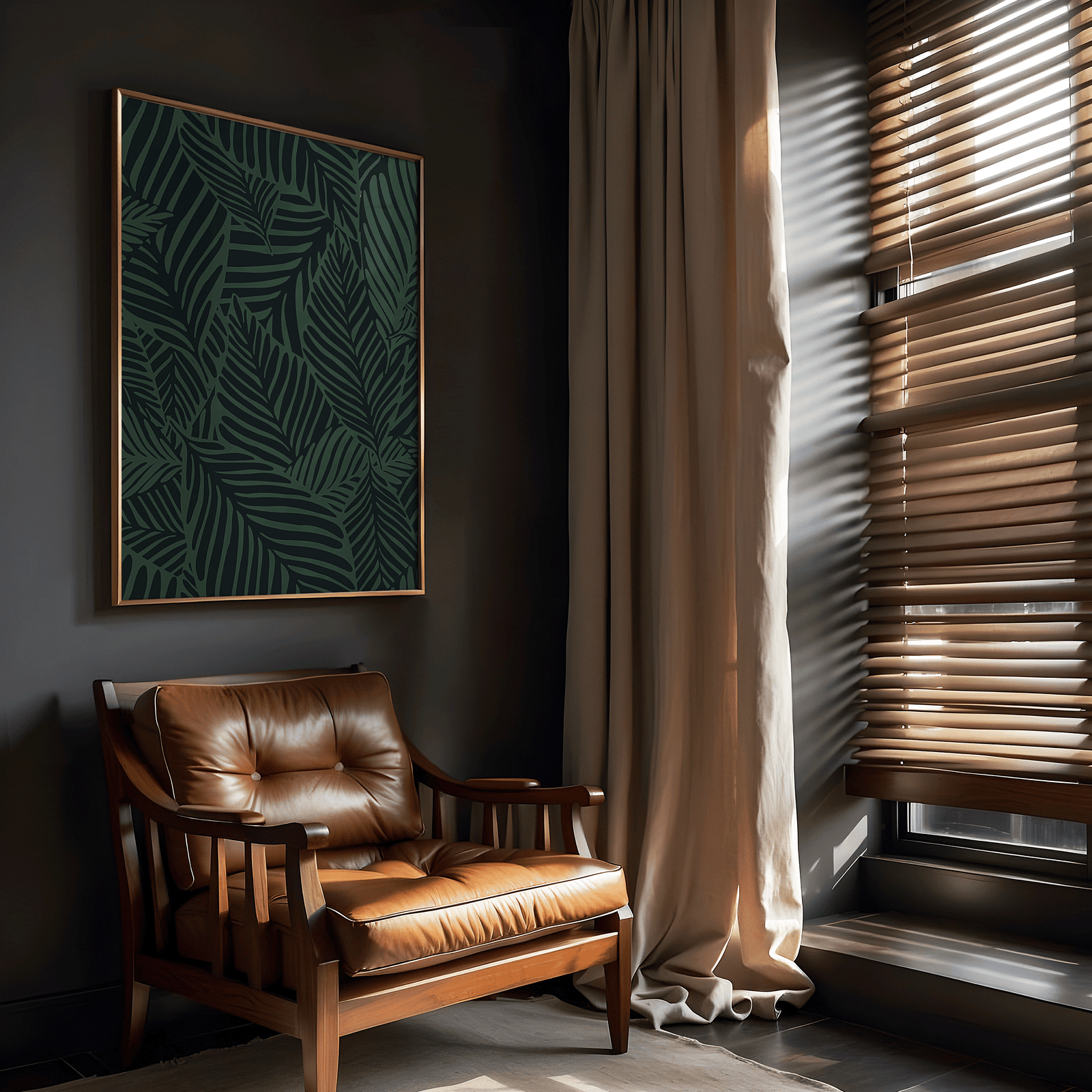 Dark green botanical palm leaf wall art in a gold frame above a cognac leather chair