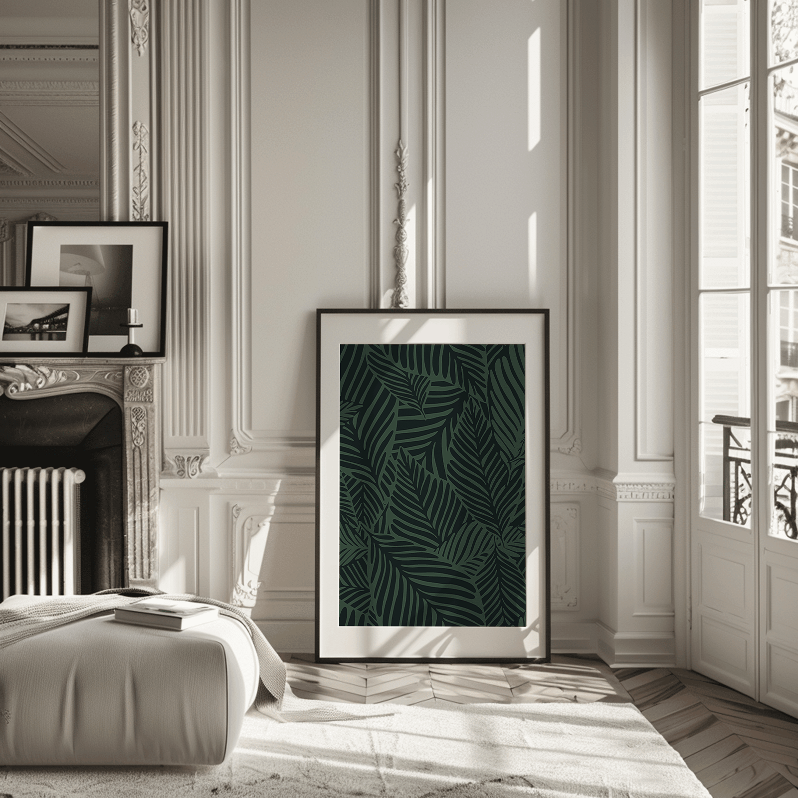 Dark green palm leaf botanical print in a black frame leaning in a classic Parisian apartment