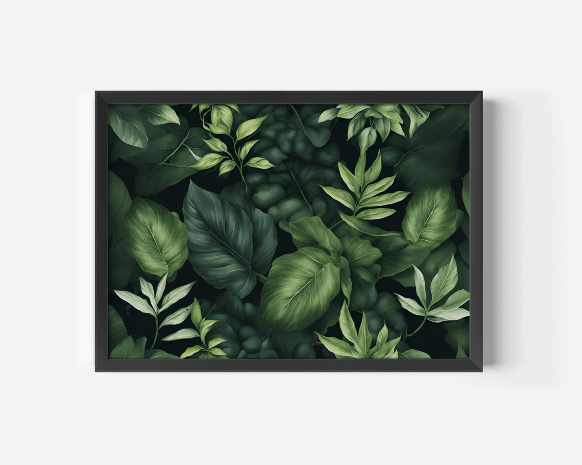 Dark green tropical leaf print with lush leaves on a black background in a black frame