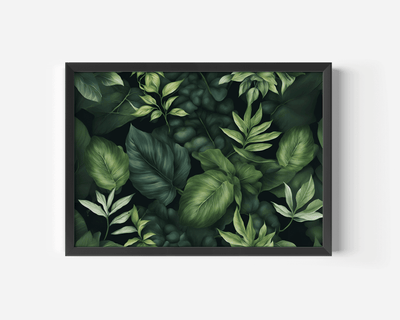 Dark green tropical leaf print with lush leaves on a black background in a black frame