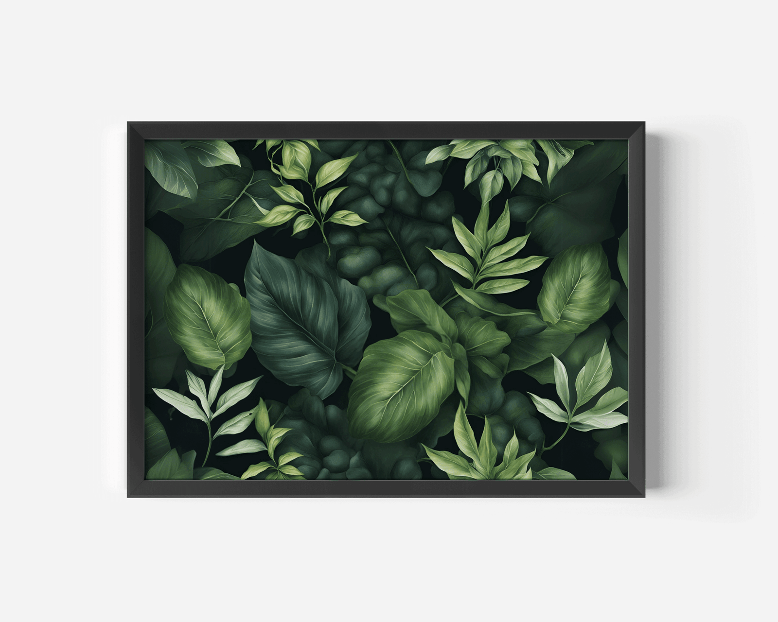 Dark green tropical leaf print with lush leaves on a black background in a black frame
