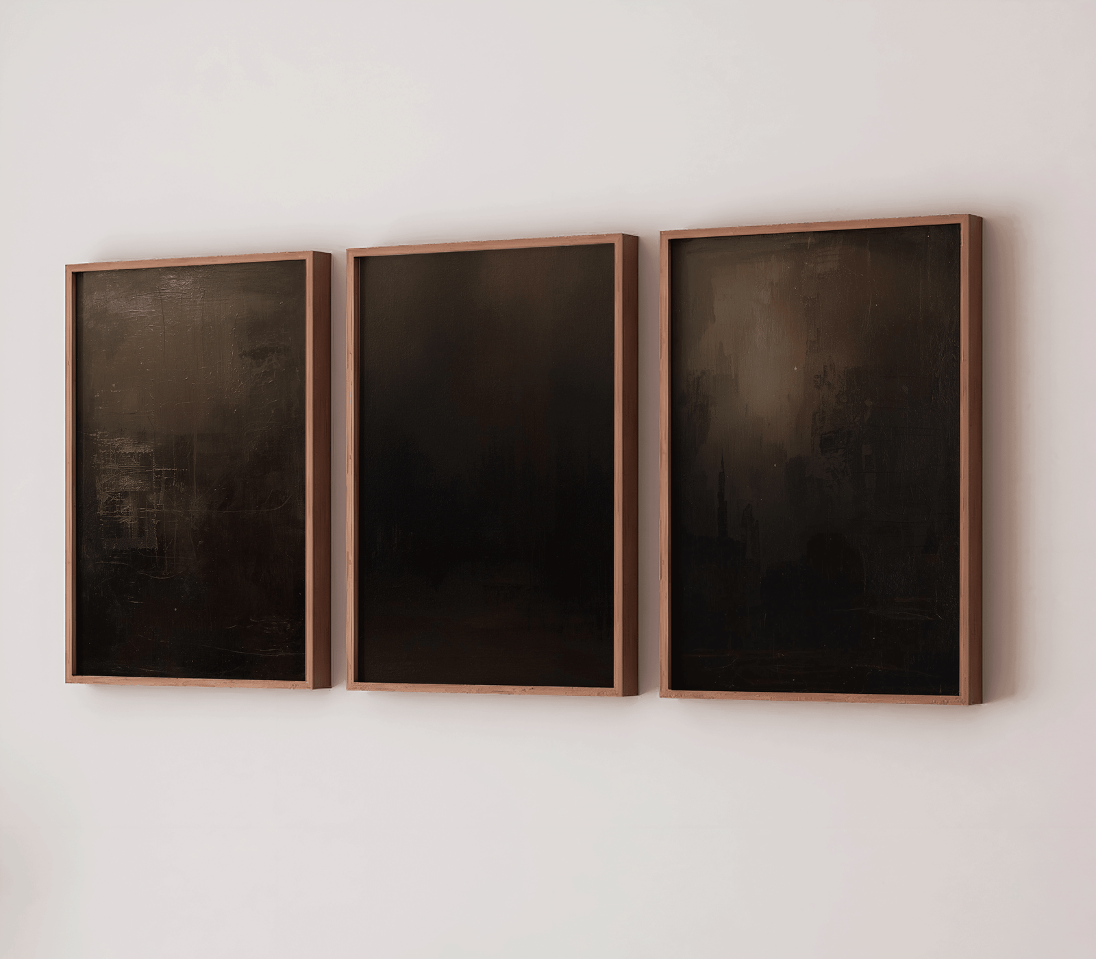 three-piece abstract wall art set in deep black, charcoal grey, smoky brown and muted bronze tones displayed in slim warm wood frames on a light wall, minimal dark artwork ideal for modern living rooms, bedrooms or hallway decor