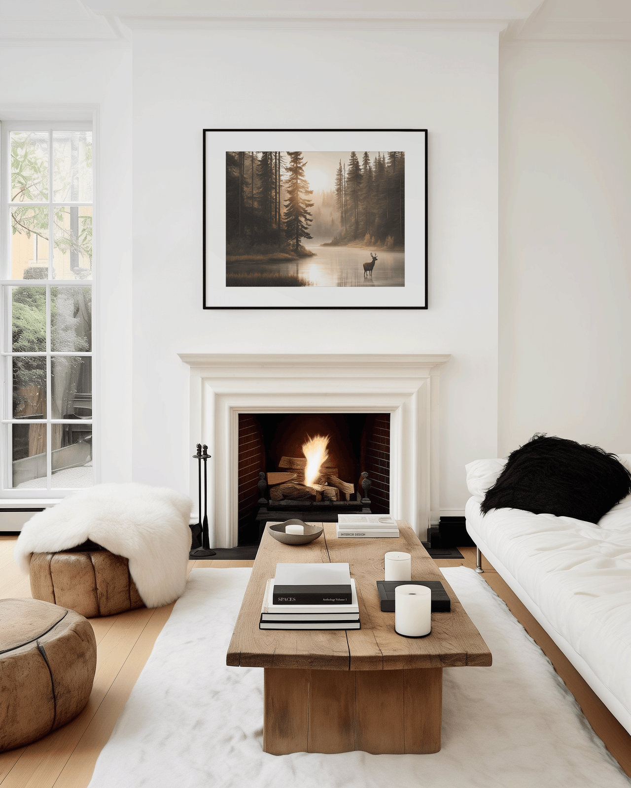 Modern living room with a fireplace, wooden coffee table, and framed landscape wall art of a misty forest with a deer in a lake and trees.