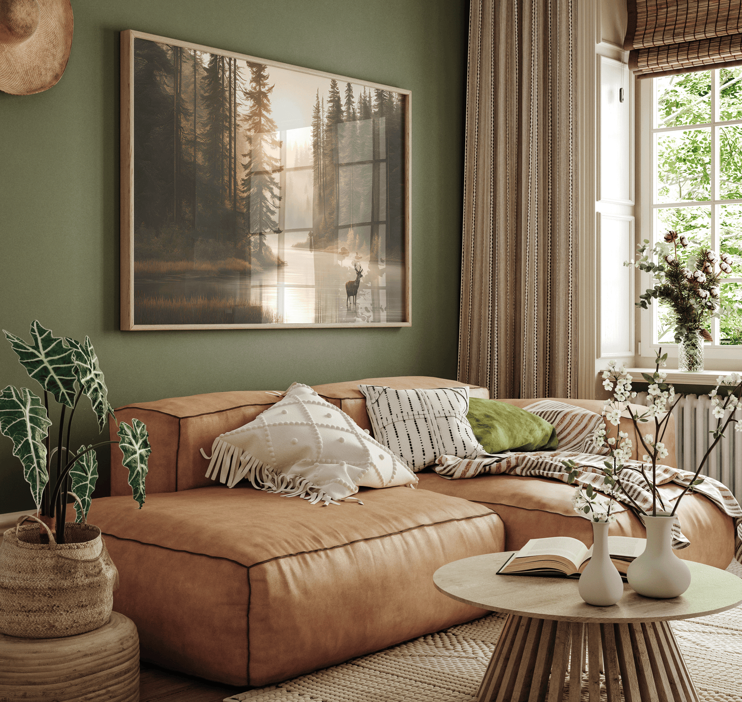 Deer lake forest canvas wall art styled above a tan leather sectional in a cozy living room.