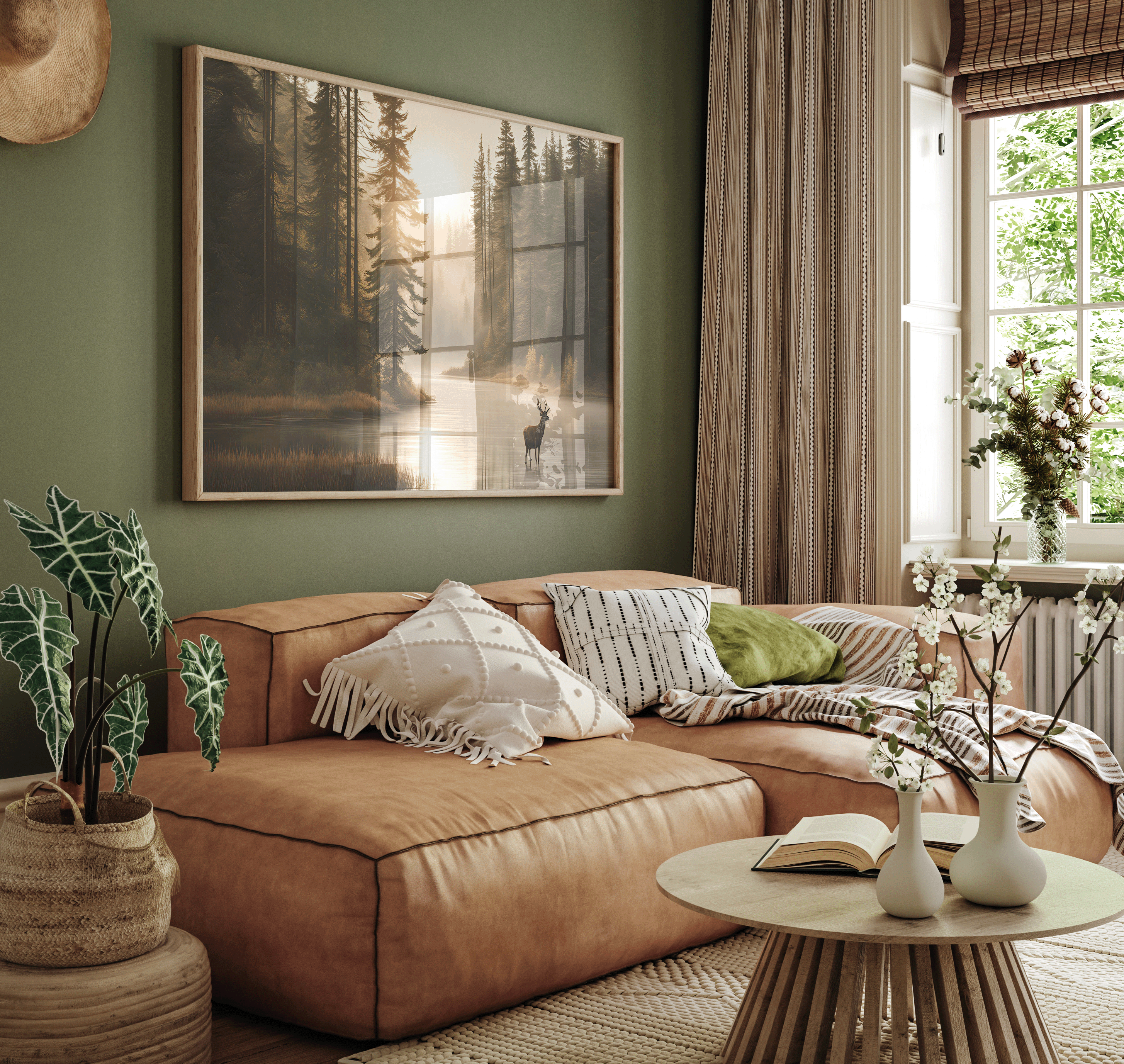 Deer lake forest canvas wall art styled above a tan leather sectional in a cozy living room.