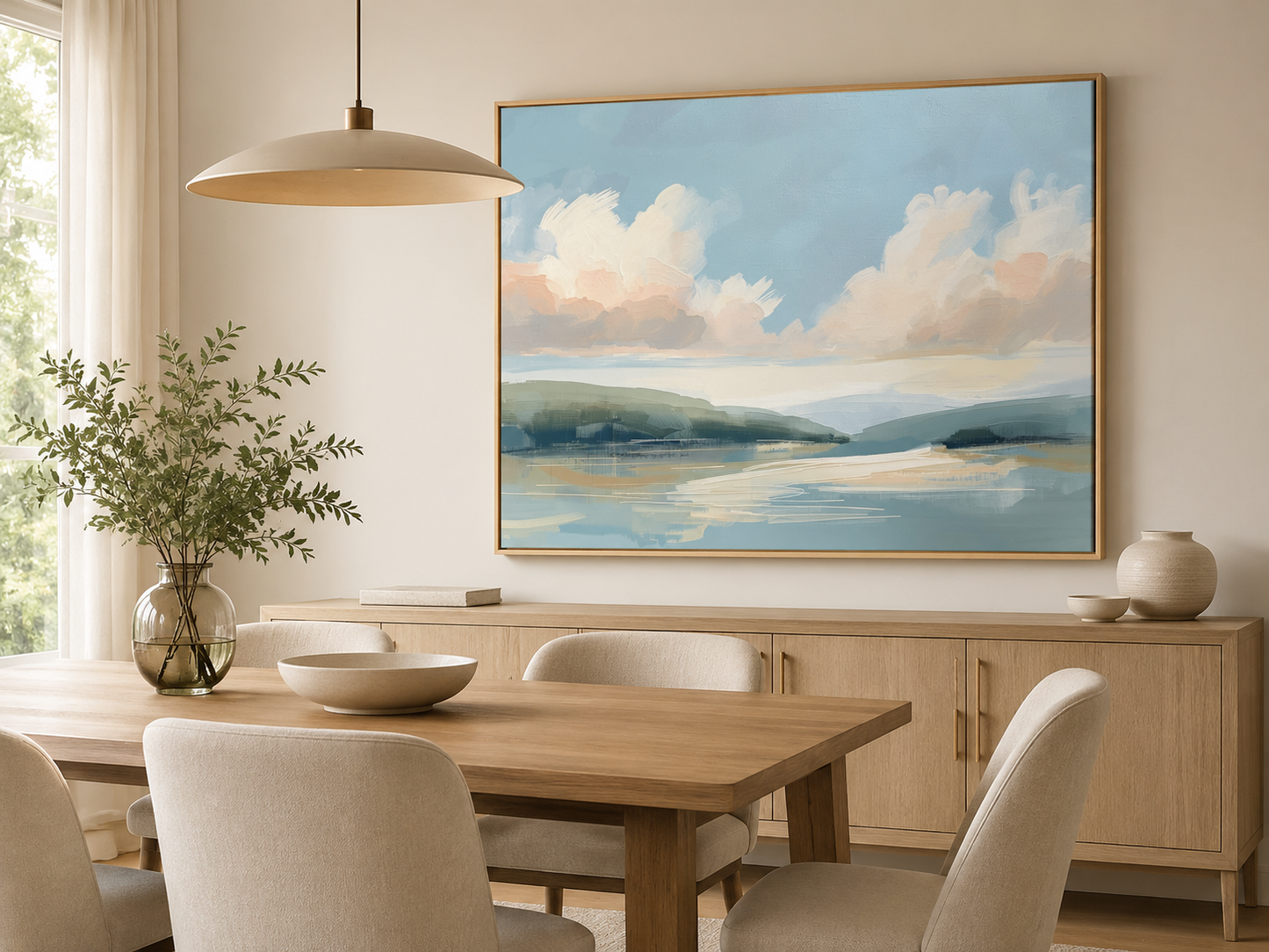 Large framed pastel landscape wall art in an elegant neutral dining room with a natural wood table, upholstered chairs and soft gold frame.