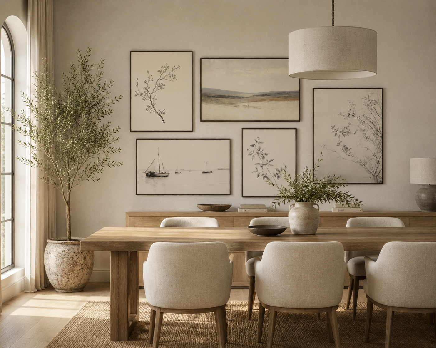 Designer gallery wall in a modern dining room featuring neutral landscape art, botanical prints, and minimalist black-framed artwork above a light wood dining table.