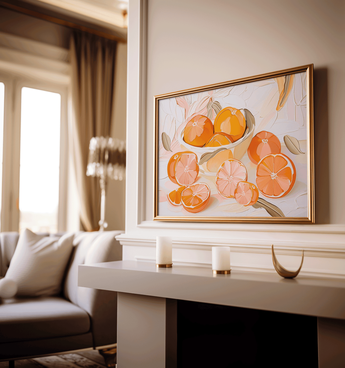 Framed artwork of whole and sliced oranges in a white bowl above a fireplace in a neutral living or dining room