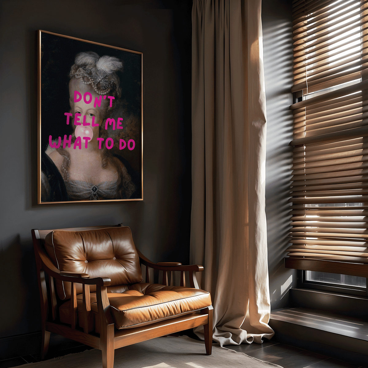 large vintage rococo portrait canvas wall art with pink text, victorian style woman and classical painting aesthetic framed