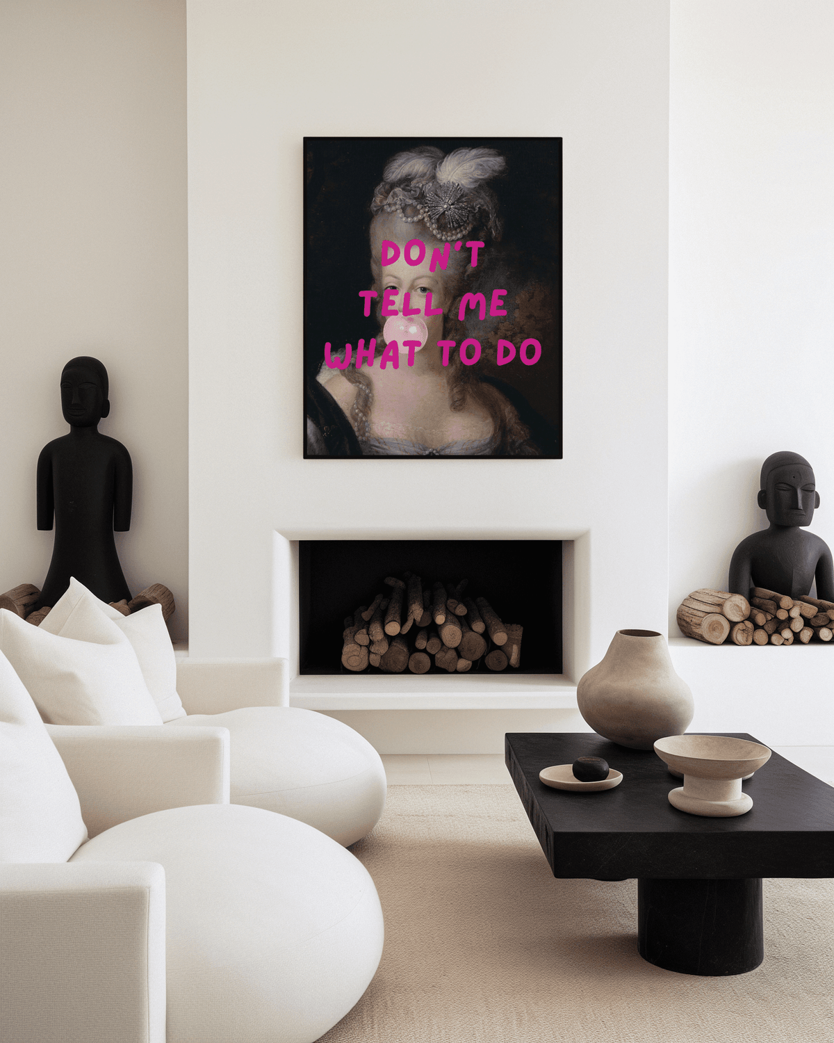 vintage victorian portrait framed large wall art in modern living room with hot pink text, classical rococo painting style