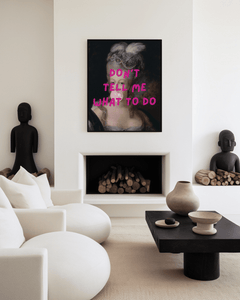 vintage victorian portrait framed large wall art in modern living room with hot pink text, classical rococo painting style