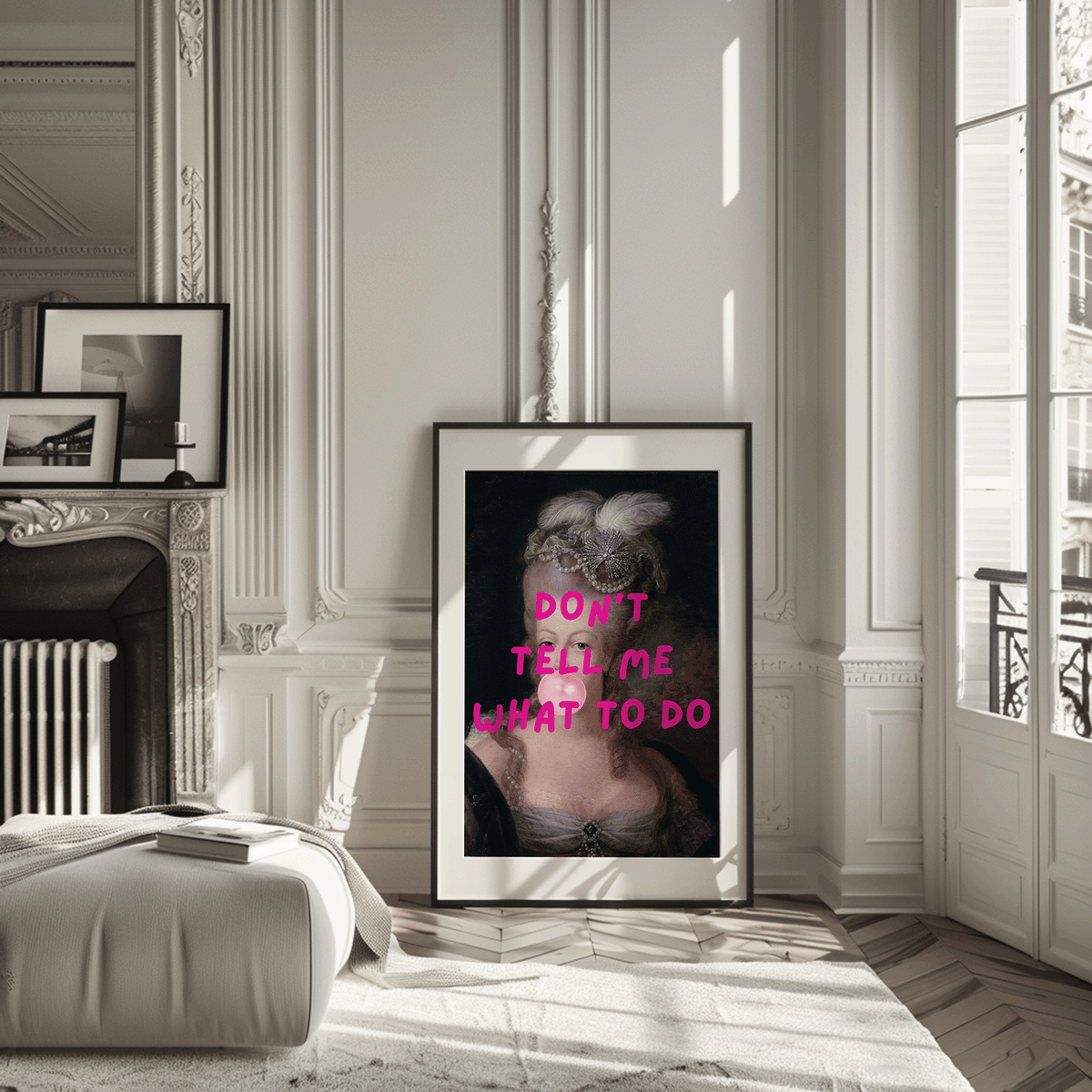 modern feminist wall art over vintage rococo painting, victorian woman portrait with bold pink text, don't tell me what to do