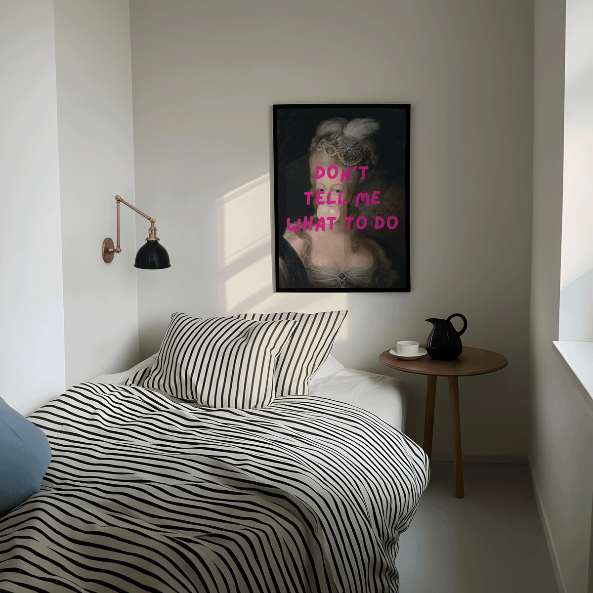 rococo style portrait framed print with pink typography, victorian era woman with marie antoinette as bedroom wall art