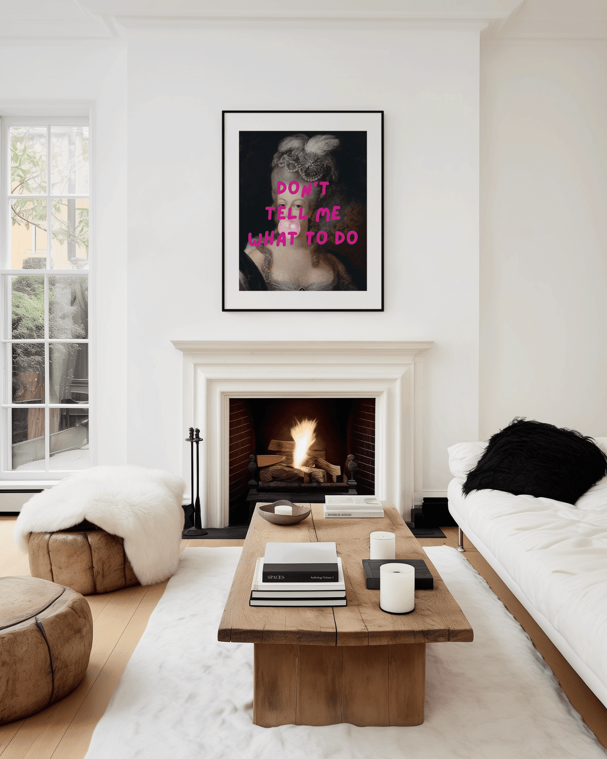 funky feminist large framed wall art with rococo portrait, marie antoinette victorian woman in a modern, neutral living room