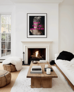 funky feminist large framed wall art with rococo portrait, marie antoinette victorian woman in a modern, neutral living room