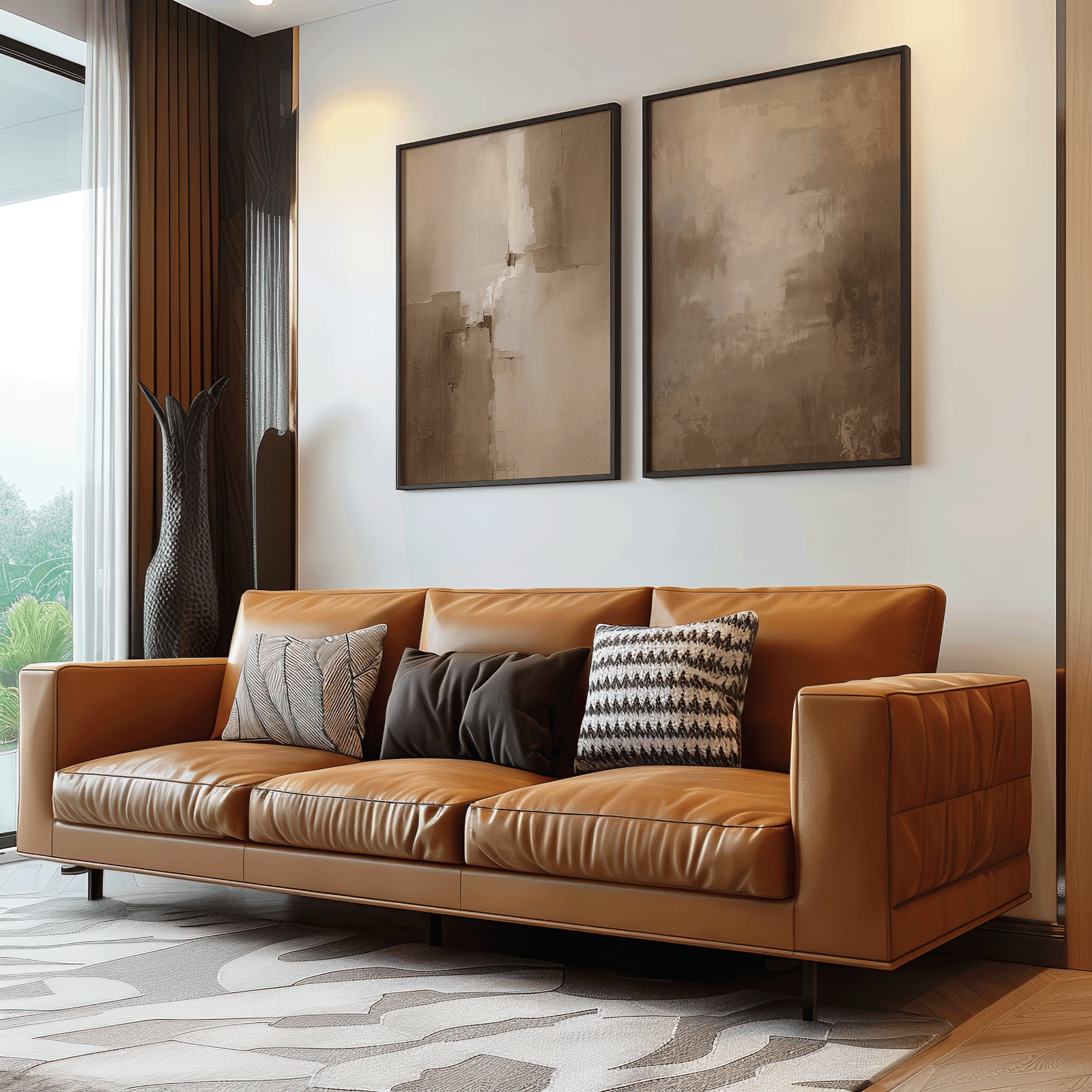 Two earthy beige and soft brown abstract art prints framed above a brown leather sofa in a living room with minimalist tones