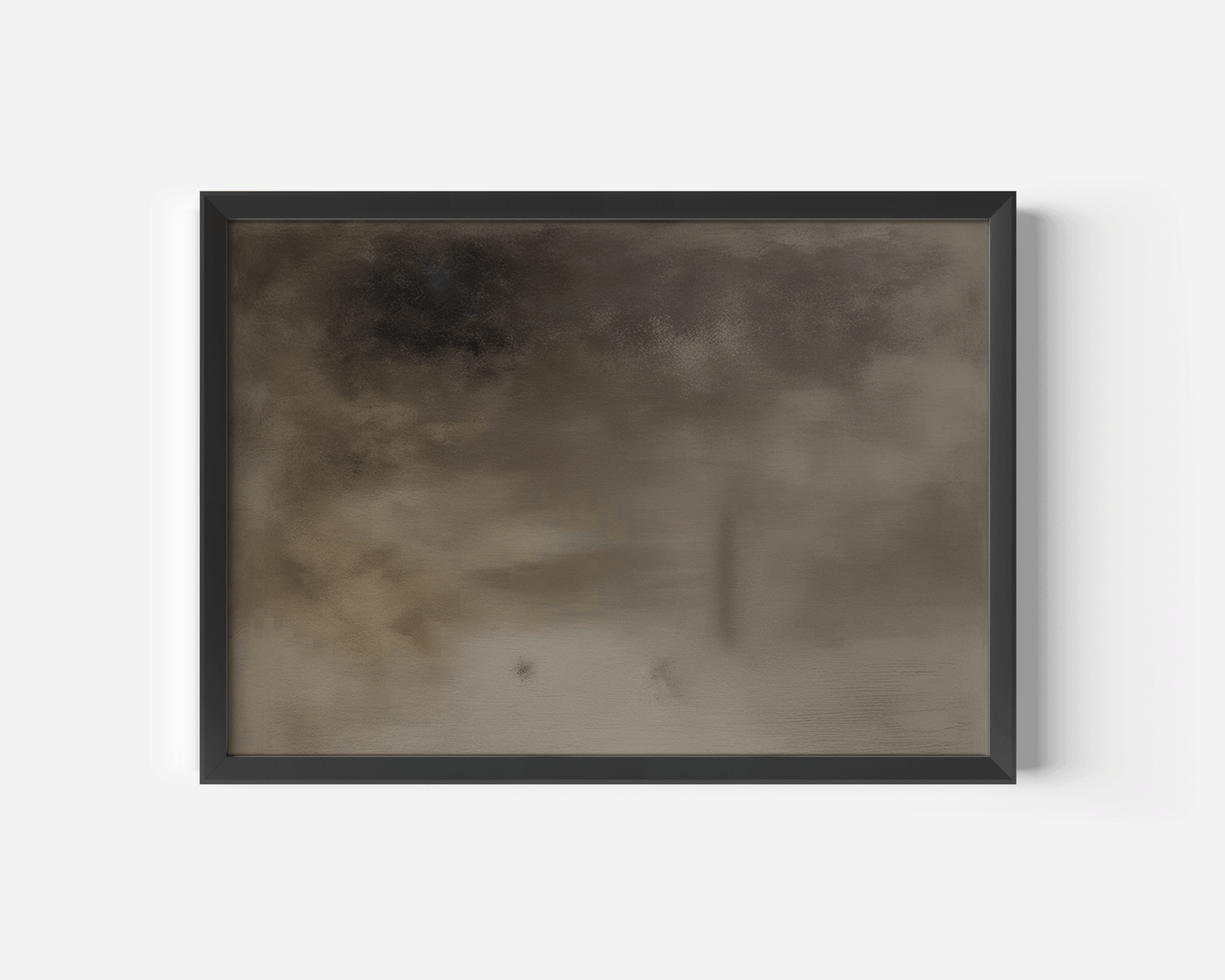 Close-up product image of an earthy moody abstract art print with dark neutral tones framed in a sleek black frame against a clean white background.