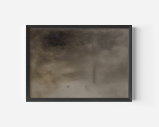 Close-up product image of an earthy moody abstract art print with dark neutral tones framed in a sleek black frame against a clean white background.