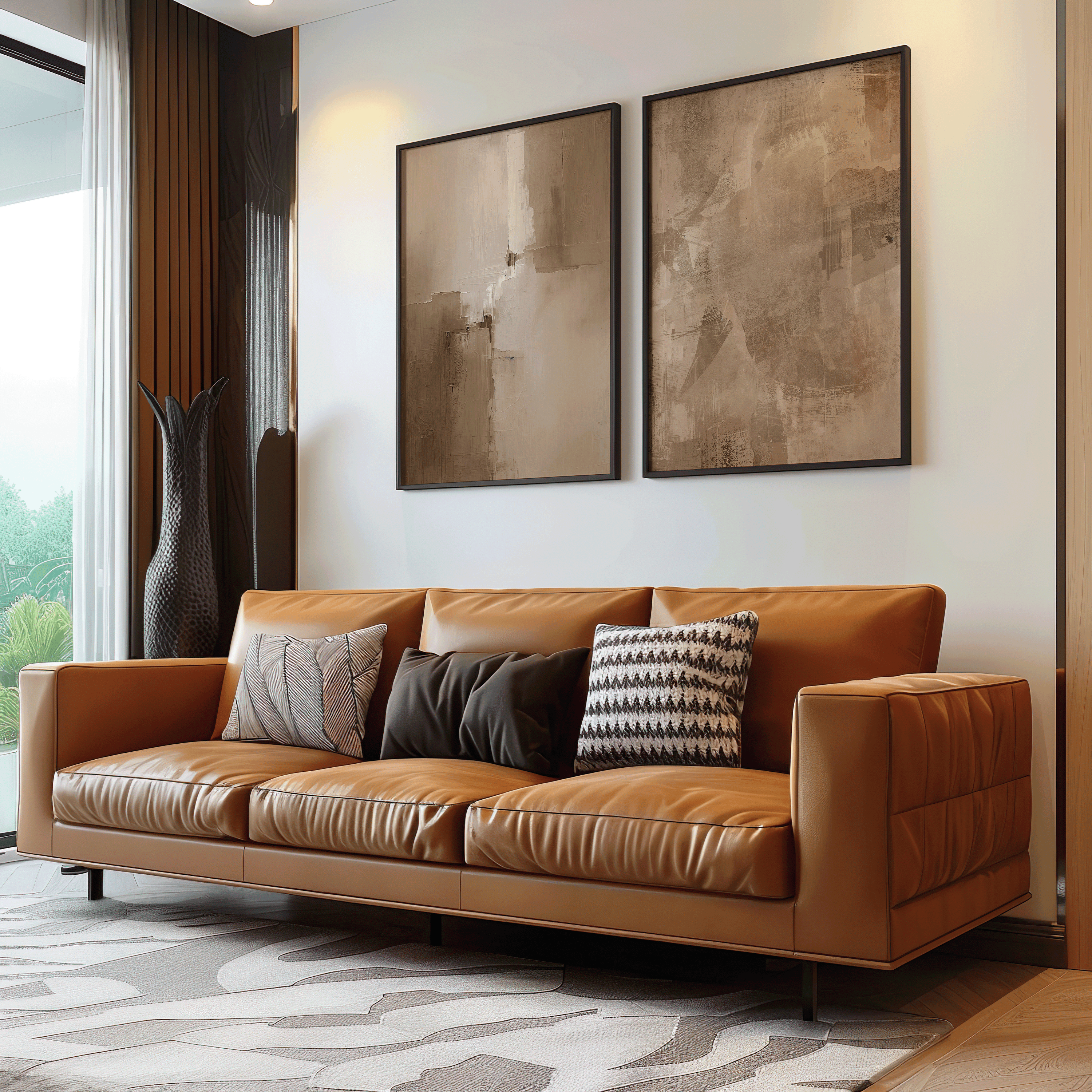 warm earthy beige and brown abstract wall art pair styled above a caramel leather sofa in a cozy modern living room with soft natural light