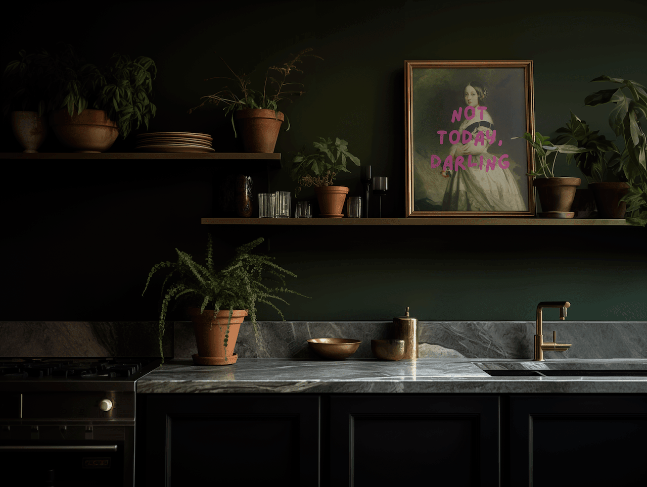dark and moody eclectic kitchen with funny vintage quote wall art framed on a shelf that has a victorian queen