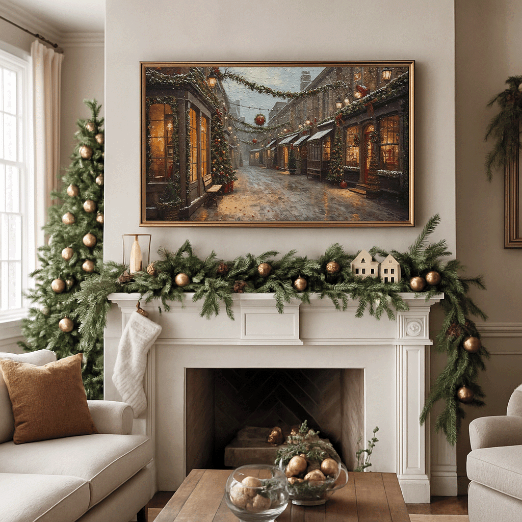 Elegant Christmas mantel decorated with evergreen garland and gold ornaments, featuring a framed vintage winter street scene canvas wall art with snowy cobblestones and festive holiday windows.