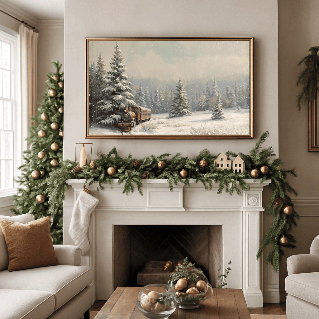Vintage winter train print above a Christmas mantel with evergreens, gold ornaments and soft falling snow