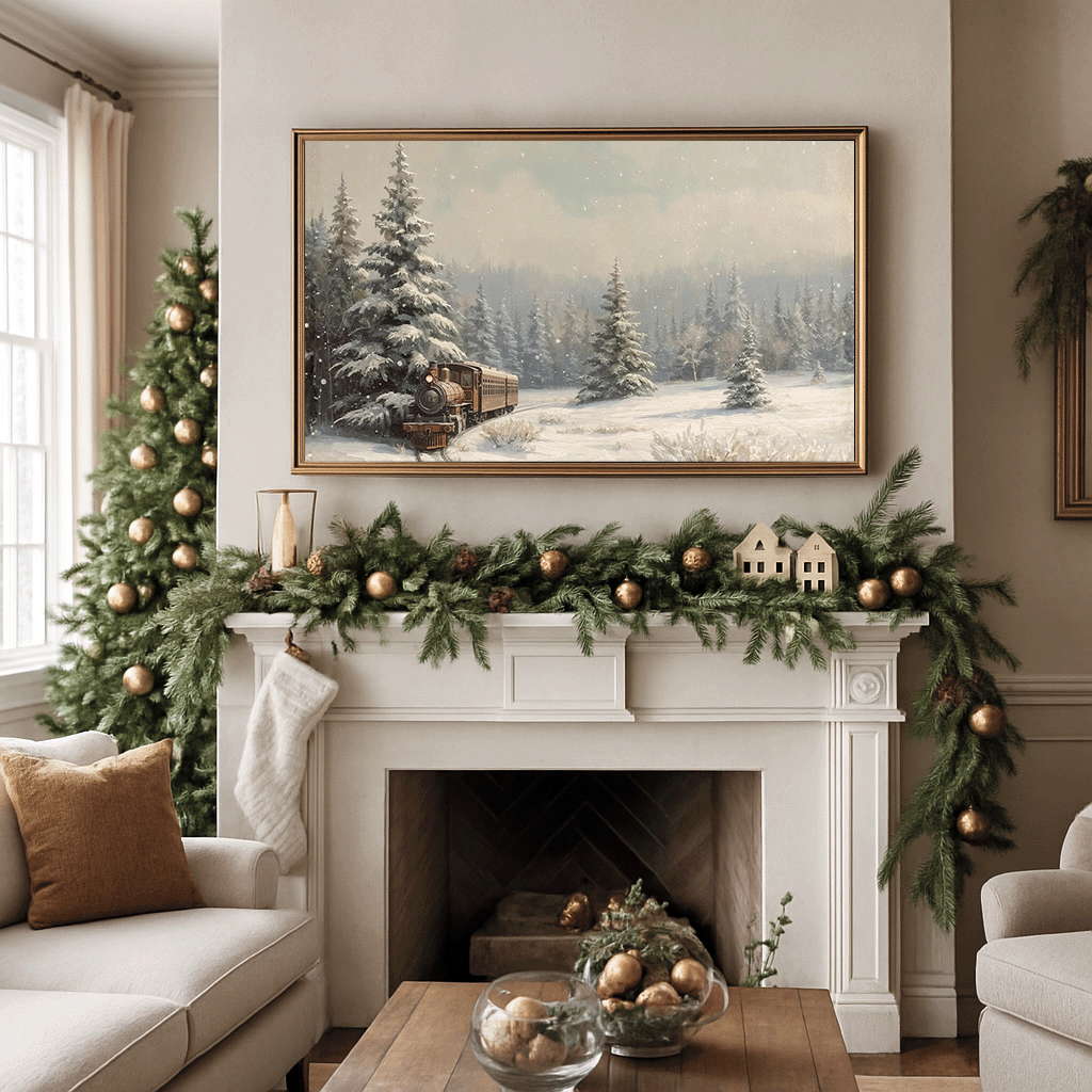 Elegant Christmas mantel decorated with evergreens and gold ornaments, featuring a framed textured oil-style winter train canvas painting with snow-covered trees and soft falling snow.