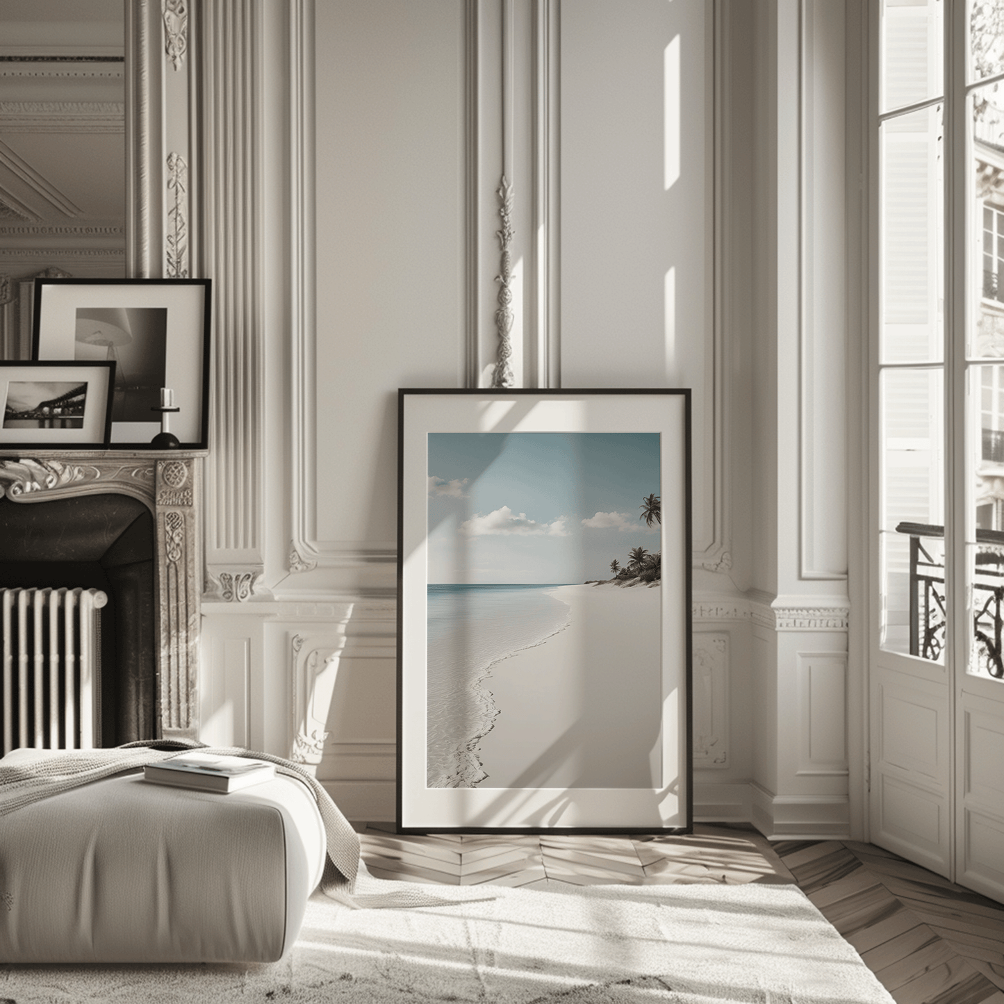 large framed beach print leaning against wall in elegant, modern living room with molding and soft light, serene ocean view