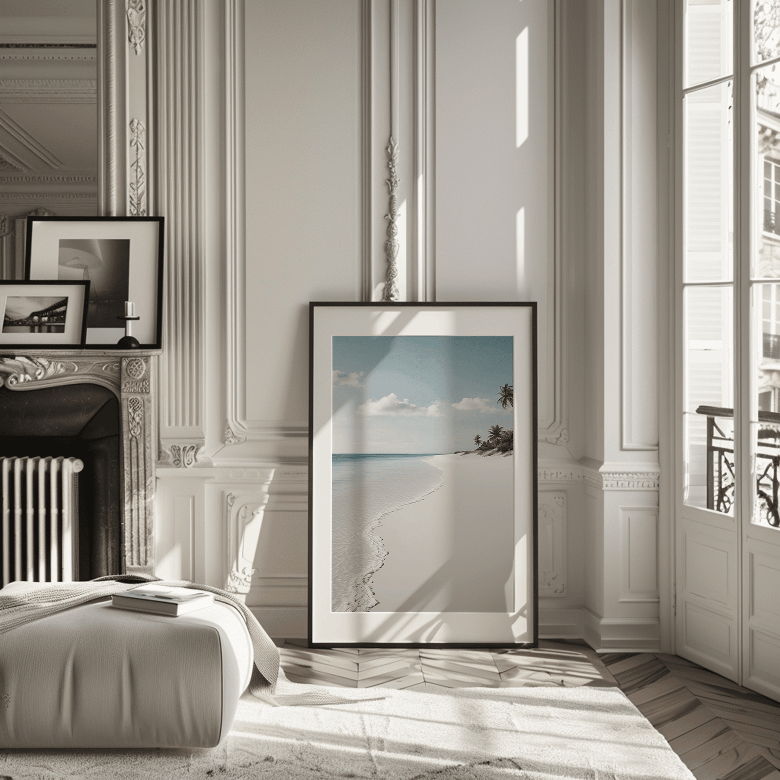 large framed beach print leaning against wall in elegant, modern living room with molding and soft light, serene ocean view
