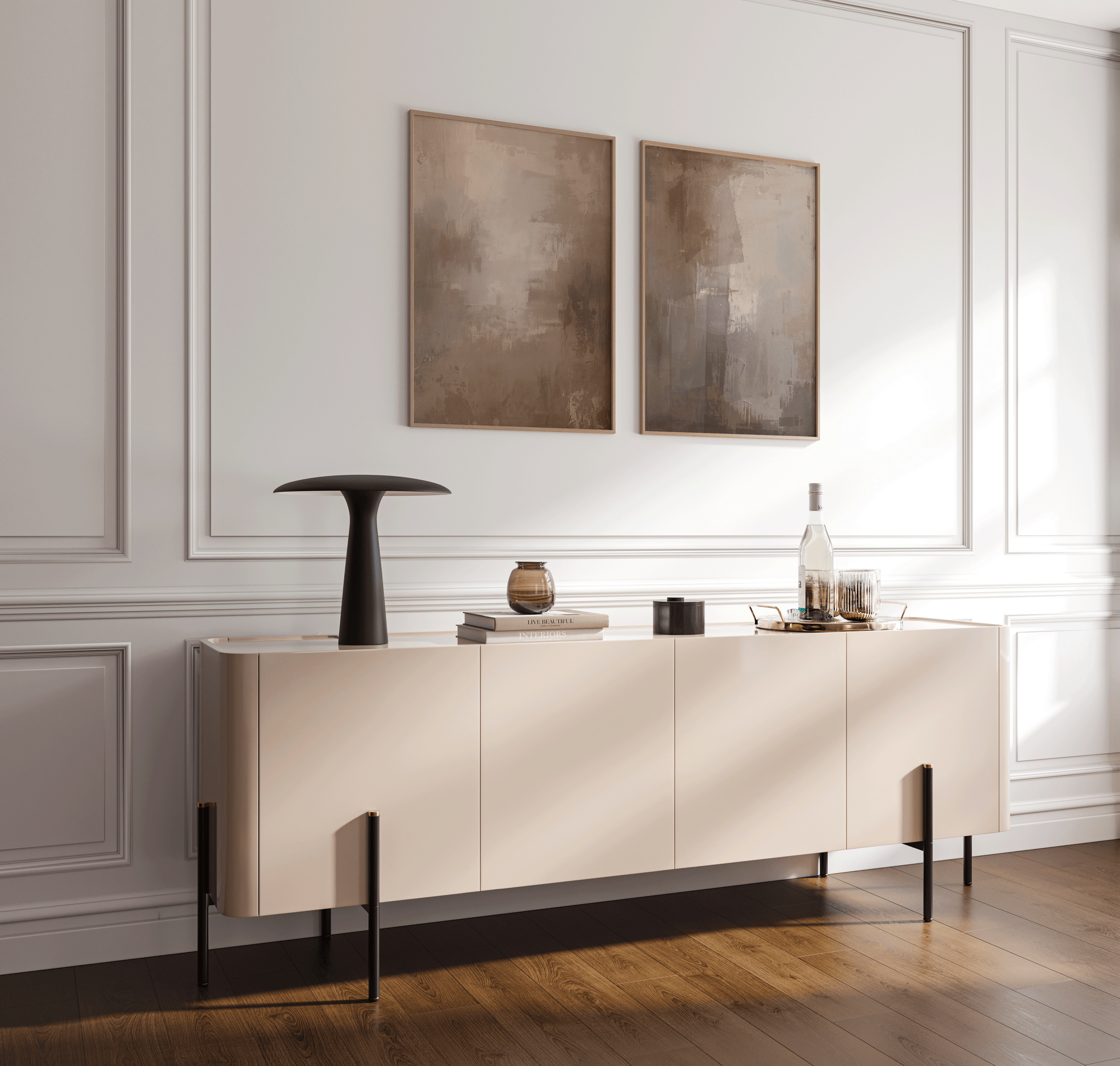 pair of warm earthy beige and brown abstract wall art prints displayed above a modern entryway console, embodying minimal wabi-sabi inspired style