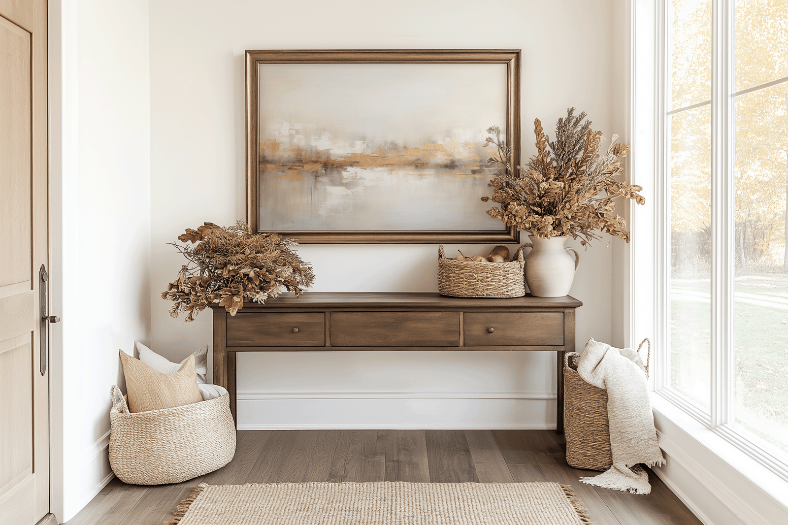 Neutral gold abstract wall art framed above wooden console table with fall floral decor in entryway