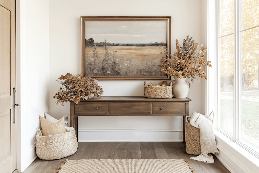 Vintage nature landscape canvas wall art framed above wooden console with seasonal fall decor