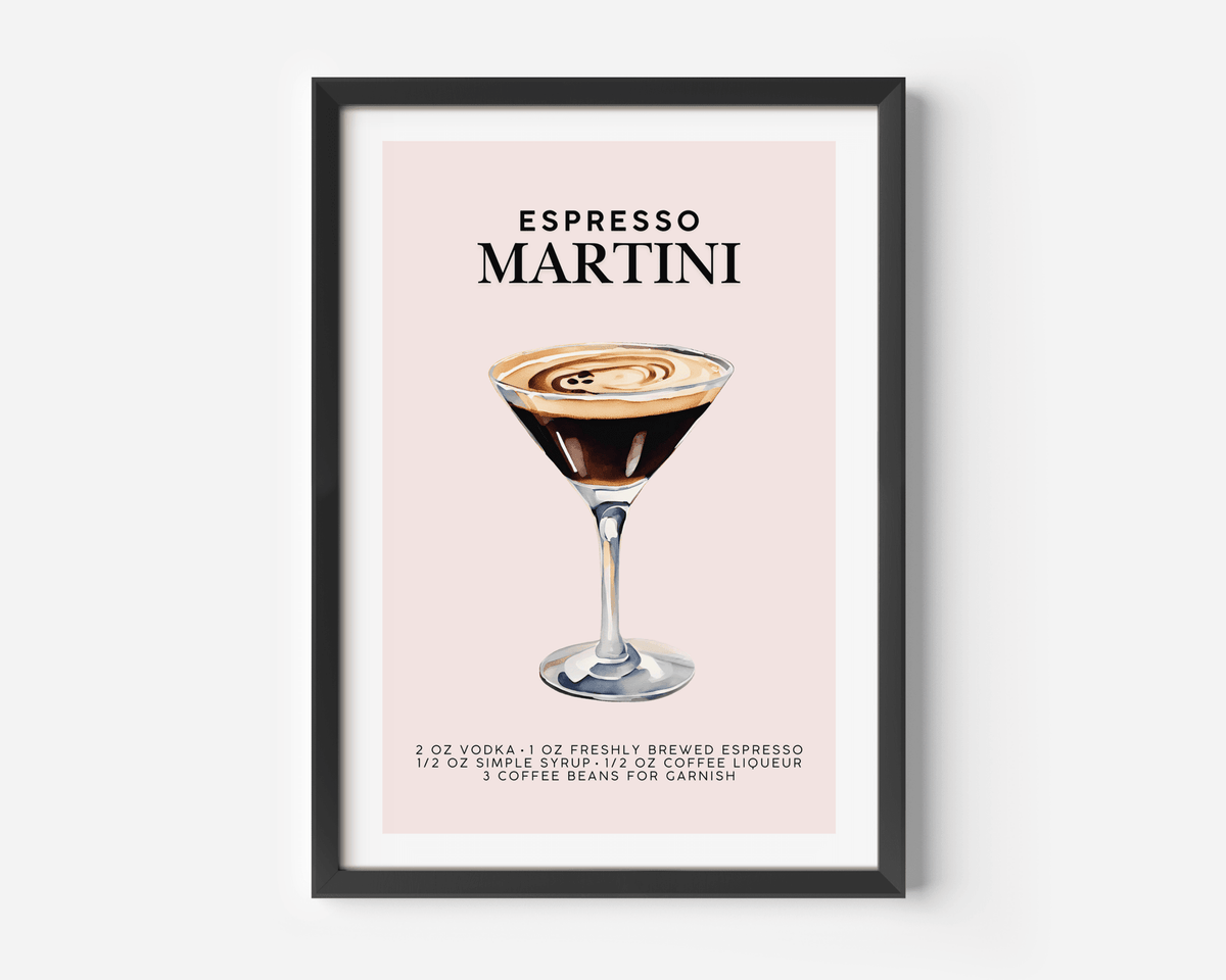 Espresso martini print with the cocktail recipe on a blush pink background in a black frame