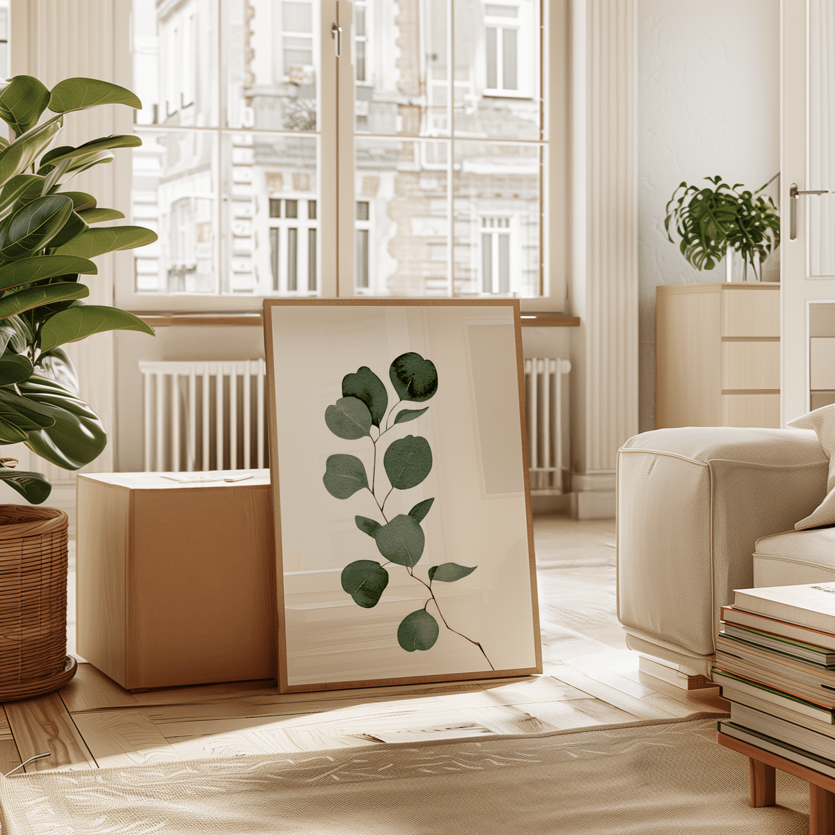 Eucalyptus wall art in a natural wood frame leaning in a sunlit living room with plants
